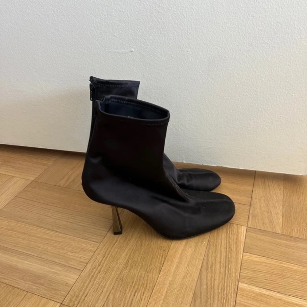 Sleek Black Satin Heeled Boots
